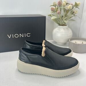 7 Vionic Kearny Platform Leather Slip-On Sneaker Loafer Black Women 5M preloved